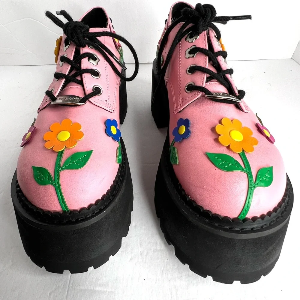 Delia’s Platform Shoes Pink Floral Flower Chunky Lace Up Size 5 Faux Leather